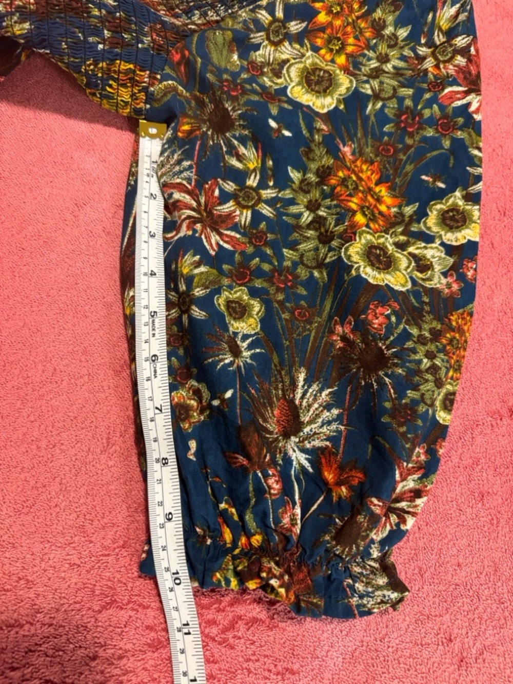Girls Blue Floral Smocked Puff-Sleeve Dress - Picture 7 of 9